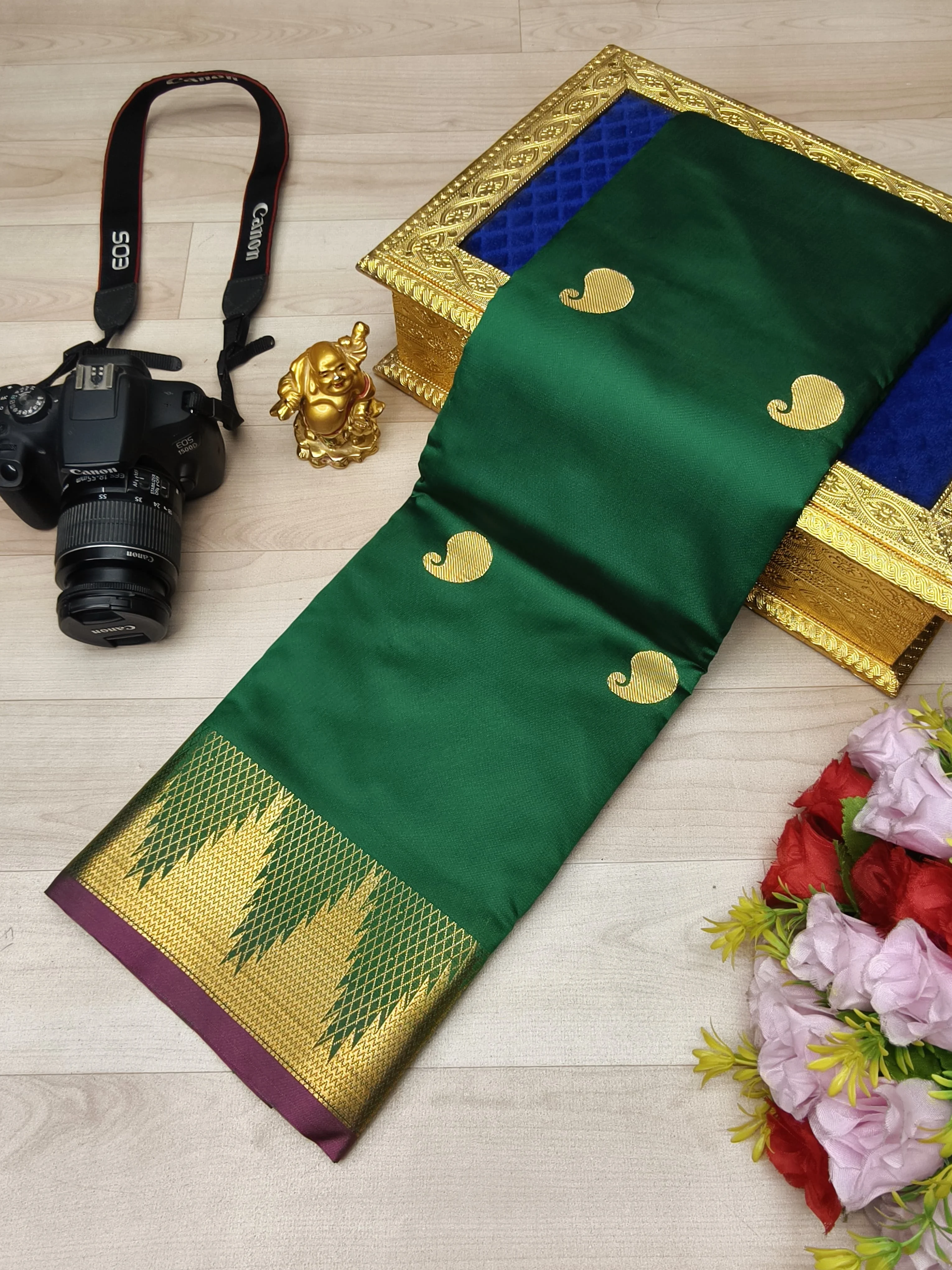 Navy Blue Large Gold Zari Paisley Mango Buttas Soft Silk Saree